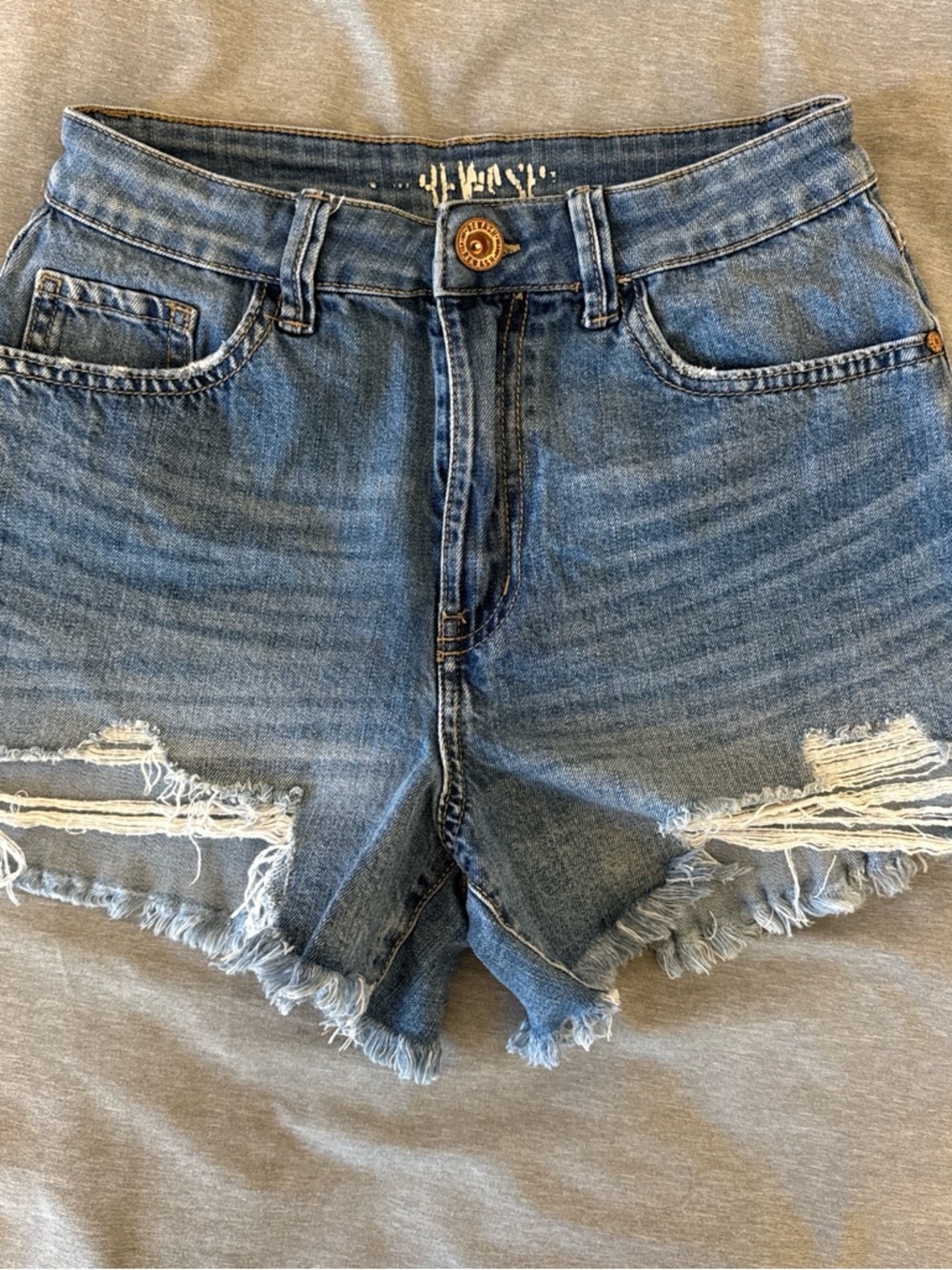 Distressed High-Rise Denim Shorts - Blue